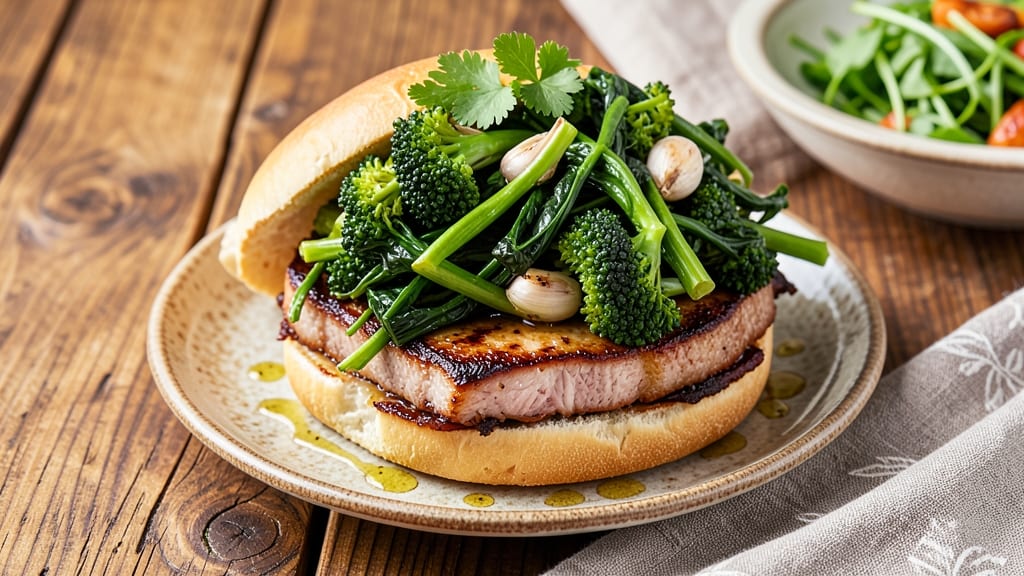 Broccoli Rabe and Pork Sandwich Recipe: Crispy Pork Bites with Silky Greens